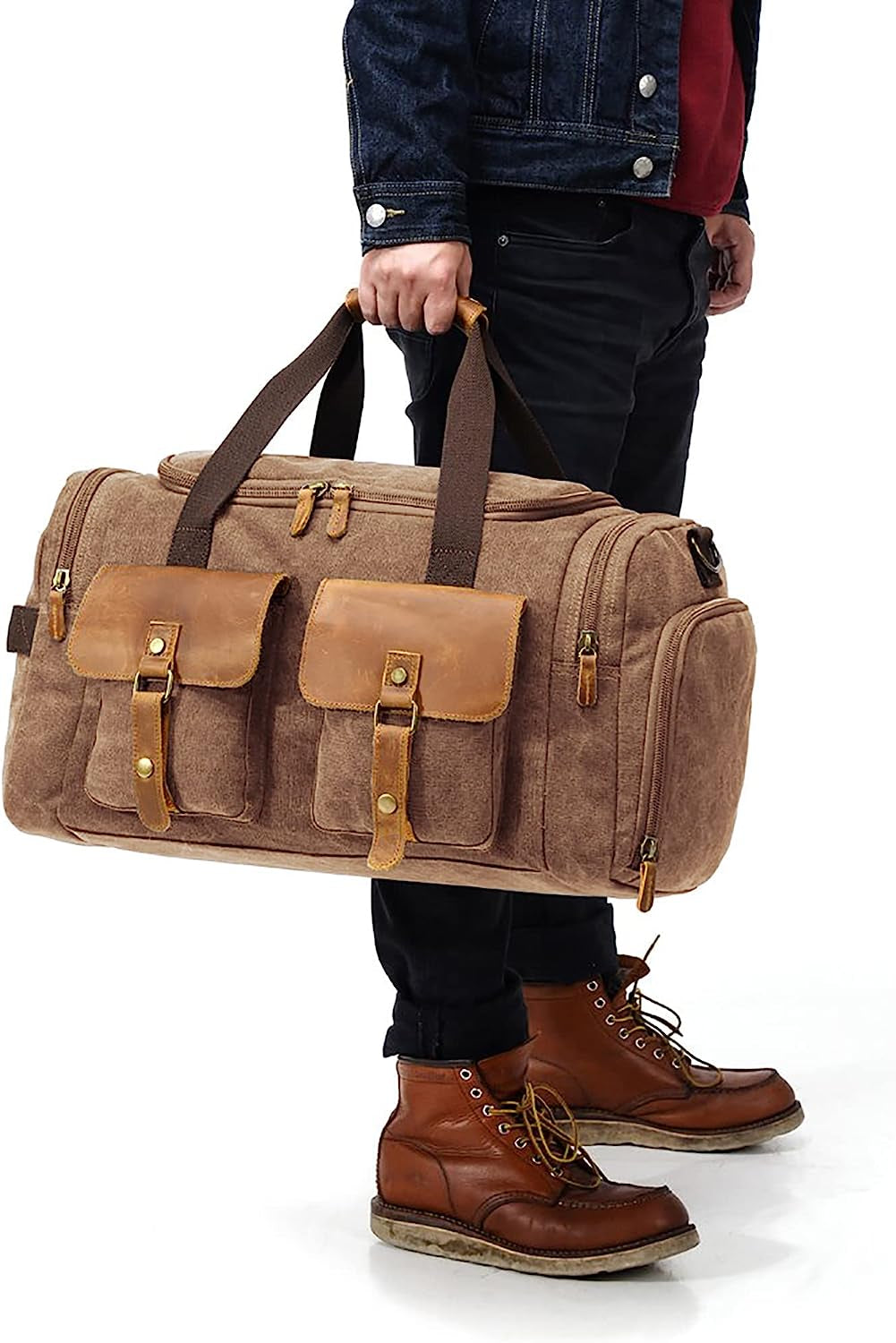 Canvas Duffle Bag Oversized Genuine Leather Weekend Bags for Men and Women