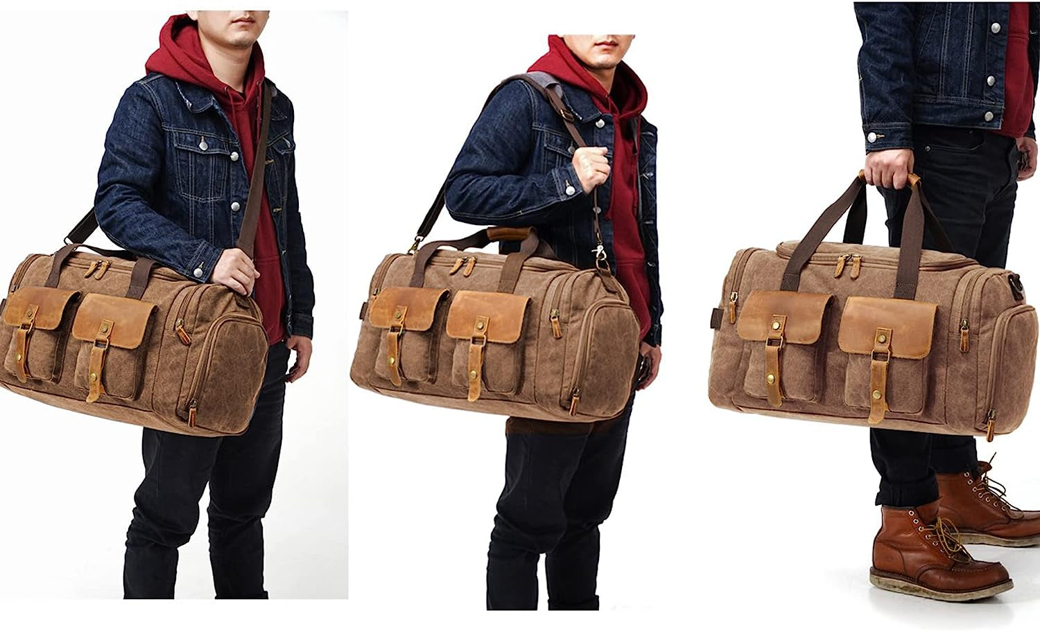Canvas Duffle Bag Oversized Genuine Leather Weekend Bags for Men and Women